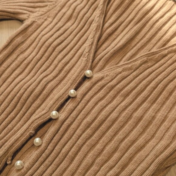 069 Wilfred Tan Ribbed Cardigan With Pearl Buttons - Picture 6 of 8